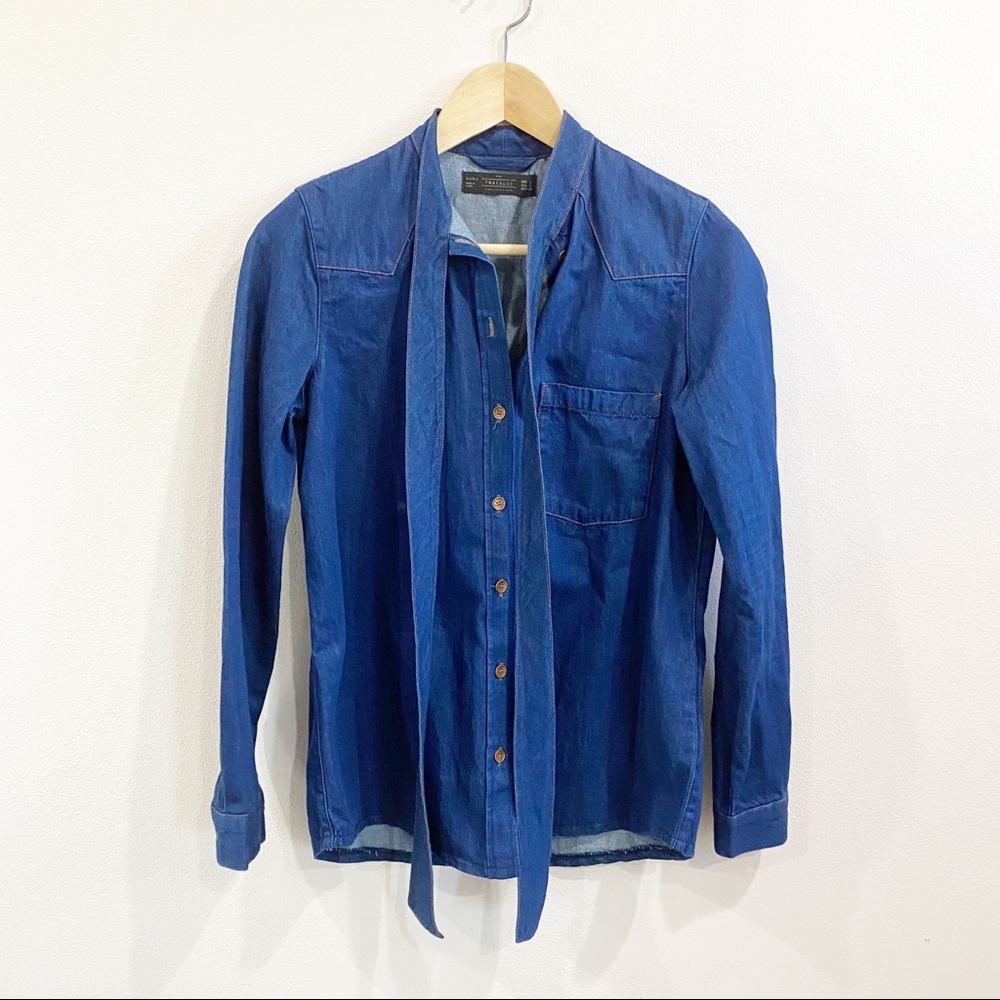 Zara Denim Top With Neck Tie
